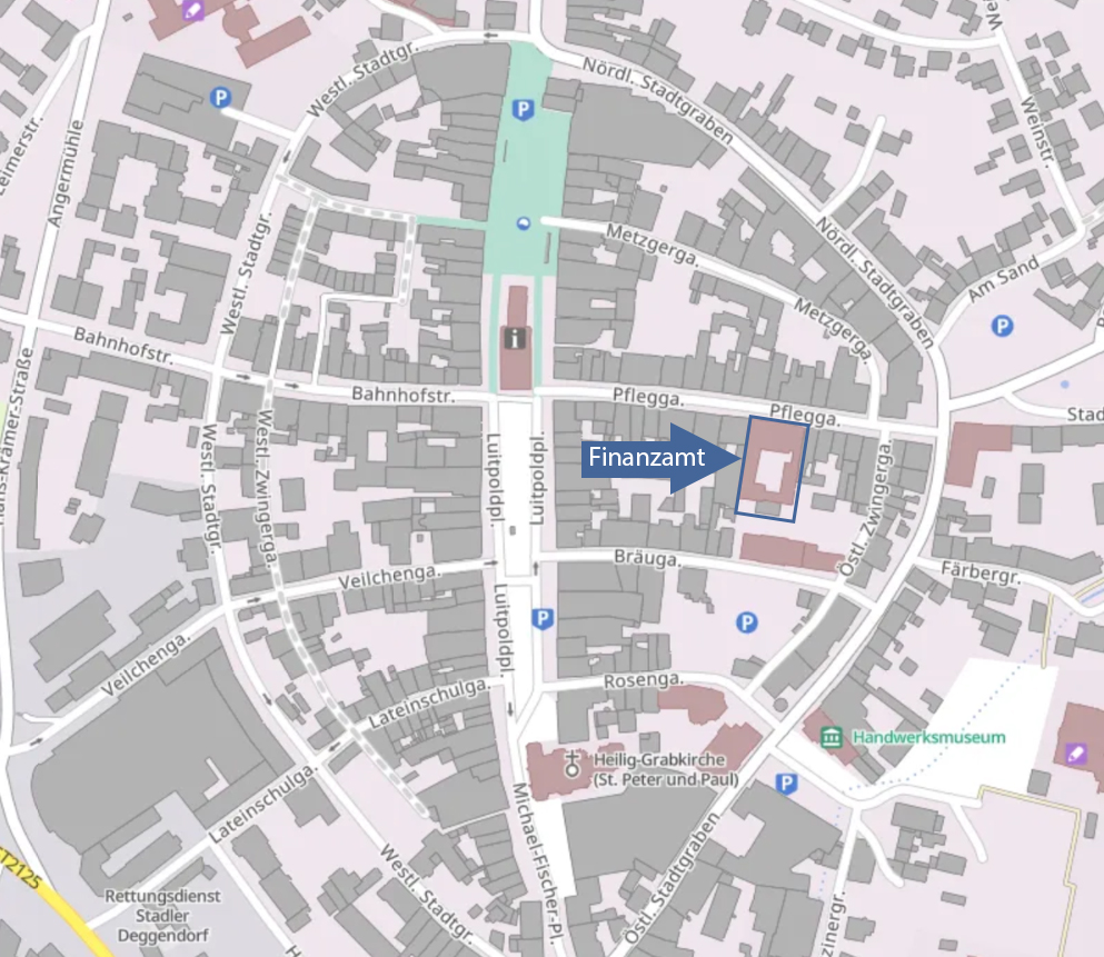  Lageplan mit Markierung des Finanzamts Deggendorf, Pfleggasse 18